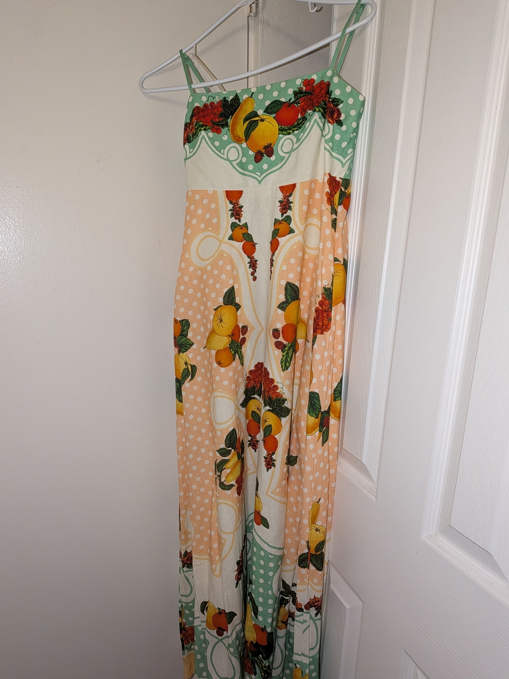 Caroline Constas Mint Fruit-Print Maxi Dress with Peach and Yellow Accents